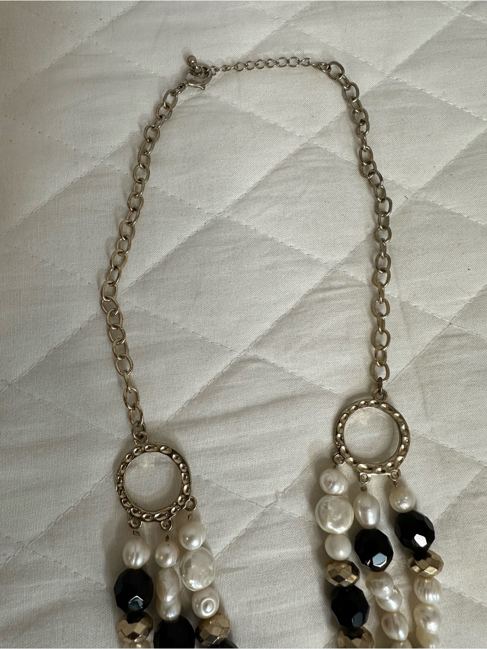 Multi-Strand Faux Pearl and Black Bead Statement Necklace - Gold Tone Jewelry - Picture 3 of 4